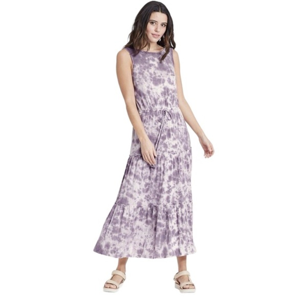 Knox Rose XL Women's Purple Tie Dye Tiered Rayon Spandex‎ Sleeveless Maxi Dress